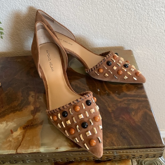 ANTONIO MELANI studded suede pumps mules, camel, 2.5” heel, cut-out. 10 EUC - Picture 1 of 15
